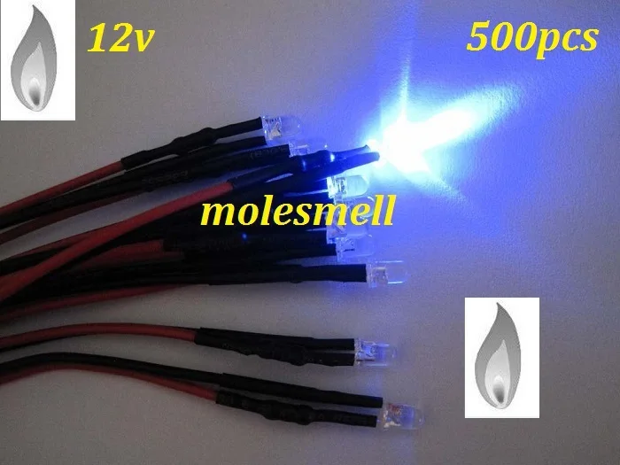 Free shipping 500pcs 3mm Blue Flicker 12V Pre-Wired Water Clear LED Leds Candle Light 20CM