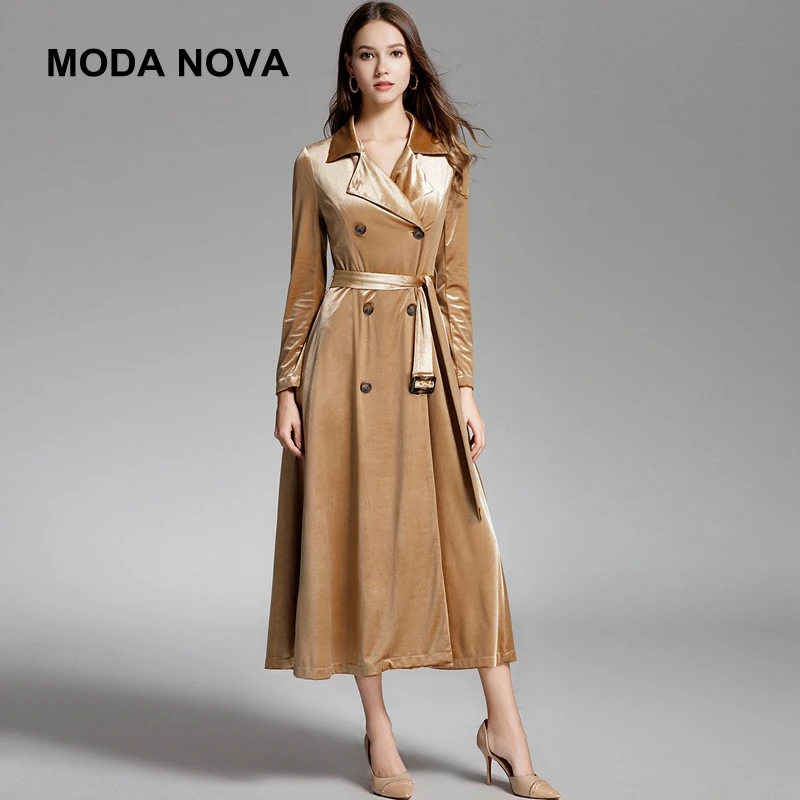 Moda Nova/Высококачественный Тренч женское элегантное Золотое бархатное двубортное