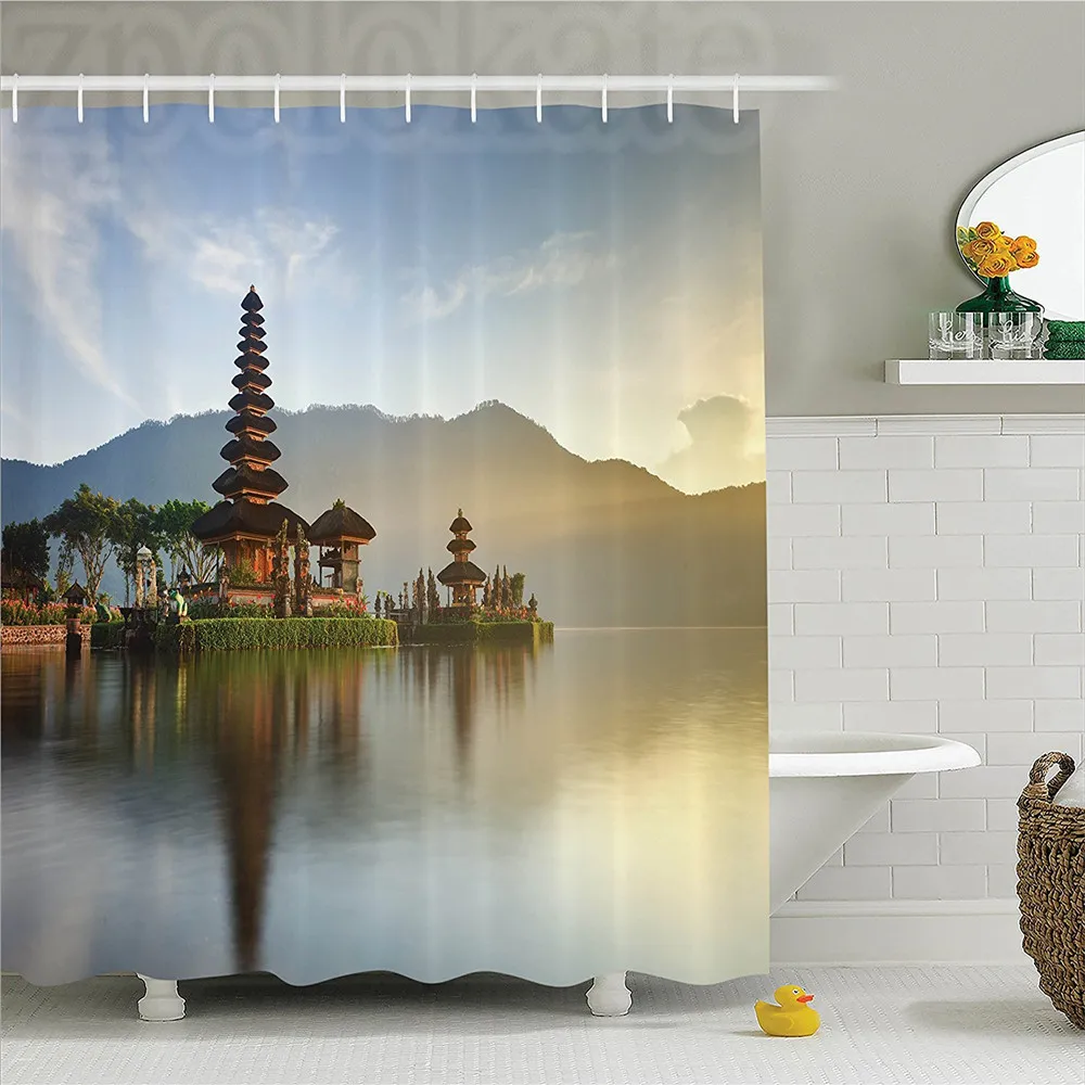 БАЛИЙСКАЯ декоративная душевая занавеска в комплекте Pura Ulun Danu Temple Panorama at Sunrise on the