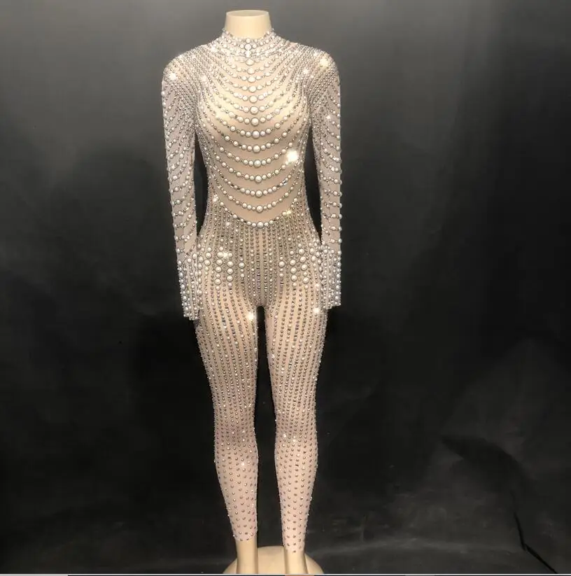 Jumpsuit Женский сексуальный сценический шикарный комбинезон диджея, чистая пряжа, полный сверкающих кристаллов жемчуга, боди для ночного клуба, вечерние, танцовщица, певица, одежда для сцены - Цвет: Jumpsuit