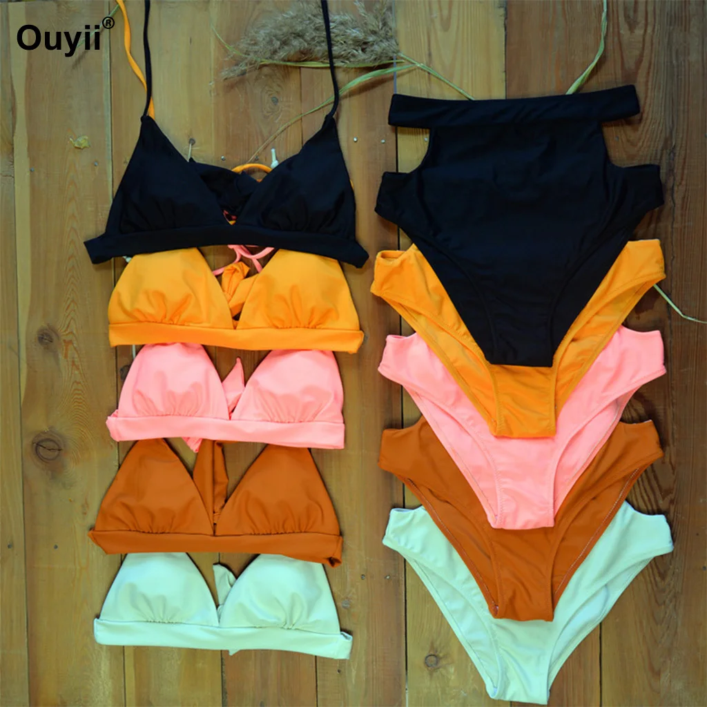 Женский купальник с высокой эластичной талией Одноцветный бикини разрезом