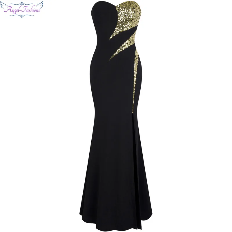 Длинное обл.платье для вып.вечера Angel-Fashions, длинное облегающее платье с разрезом, украшенное золотыми блестками, для выпускного вечера, модель 368