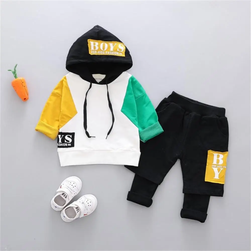 2018 New Boy Autumn Clothing 1-2-3-4 Years Old Baby Cotton Long-Sleeved Hooded Color Matching Coat Fake Two-Piece Sports Suits |