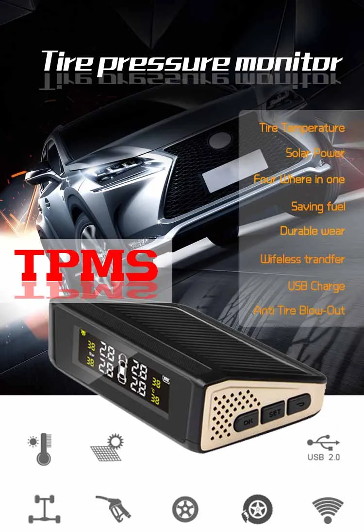 Автомобильный TPMS контроль давления в шинах солнечной энергии ЖК-дисплей Охранная сигнализация с 4 внешними датчиками давления в шинах CST-TY10