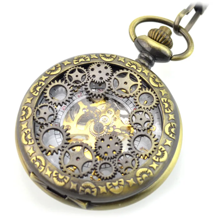 Brown Antique Gear Skeleton Mechanical Hand Wind Pocket Fob Watches Clamshell Men's Watch Pendant Necklace Retro Souvenir Gift | Наручные