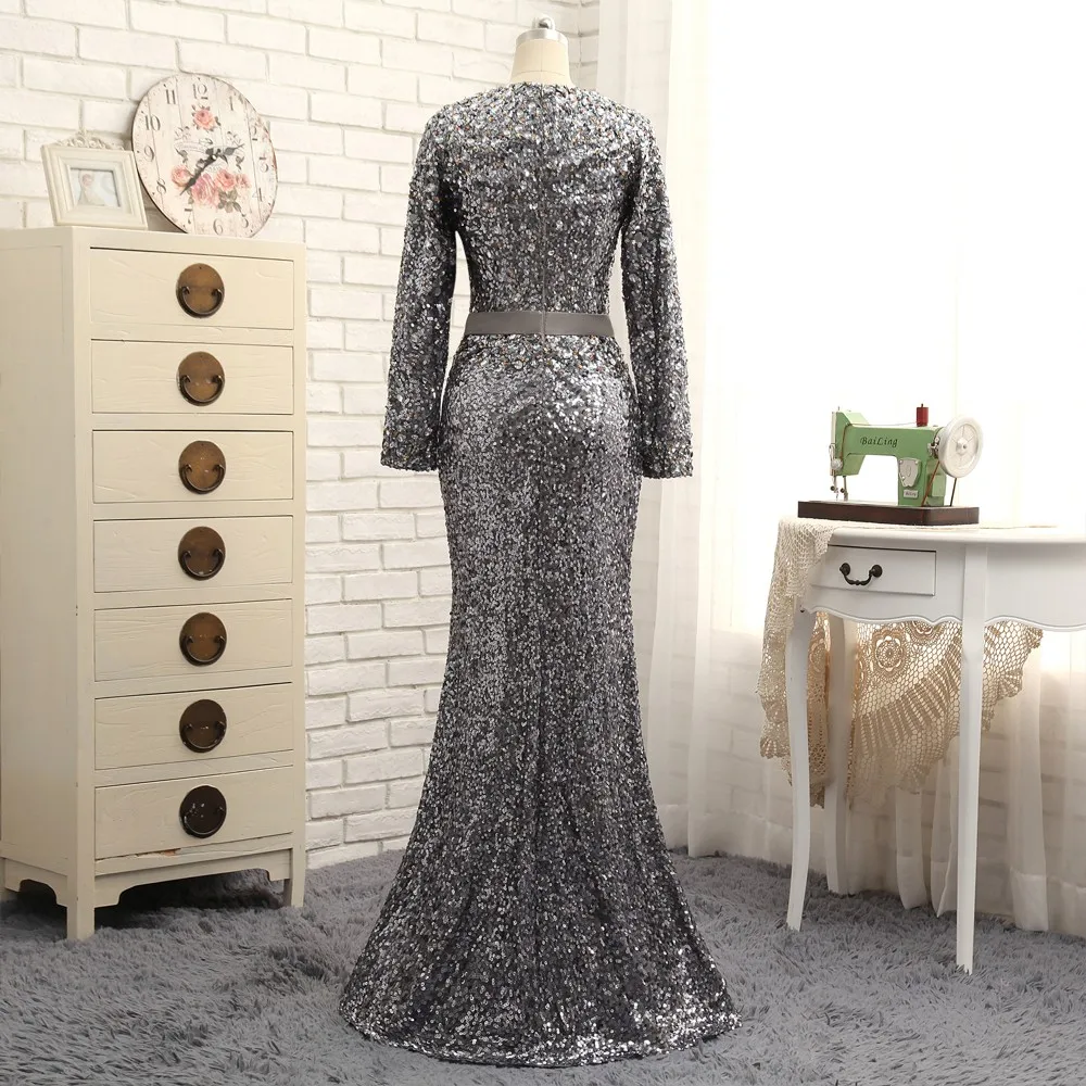 Серое вечернее платье Русалка с длинным рукавом блестящее длинное кристаллами
