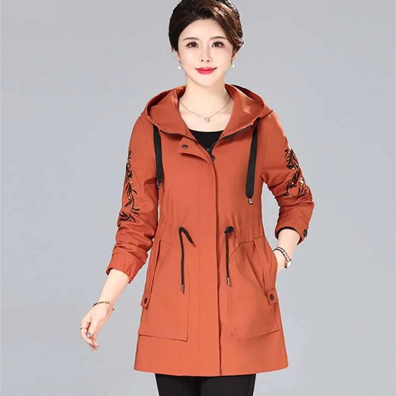 Женский Тренч с капюшоном Повседневная ветровка большого размера вышивкой