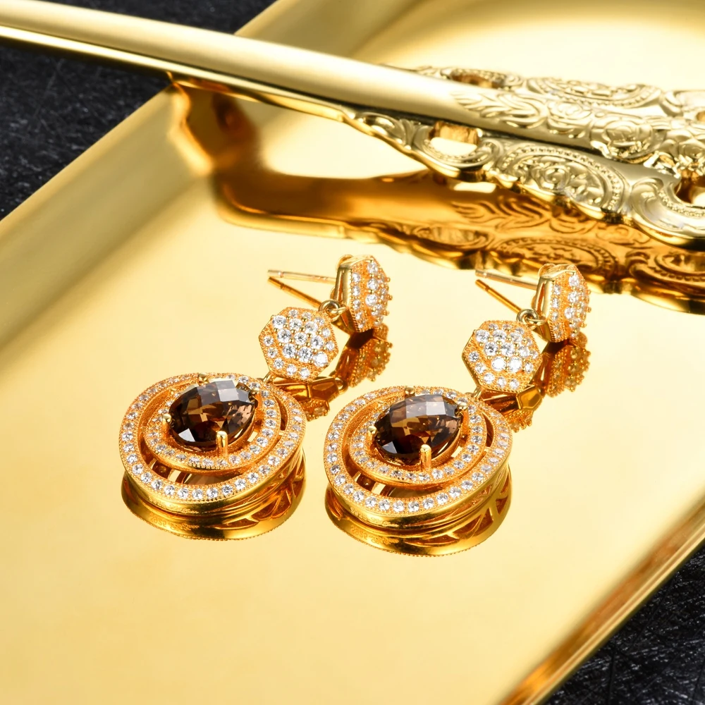 L& zuan натуральный 5.36ct дымчатый кварц длинные Позолоченные каплевидные серьги с квадратными для Для женщин золотой пластине S925 серебряные серьги вечерний комплект из колье серёг и браслета свадебных ювелирных изделий