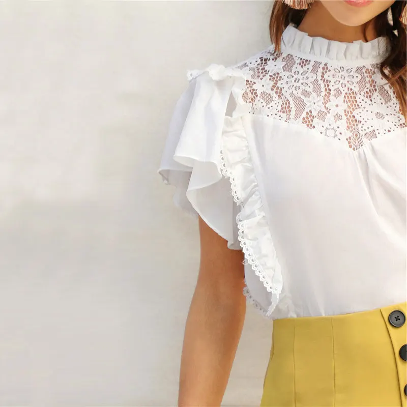 SHEIN Топ С Оборкой И Кружевом Летняя Блузка С Кружевной Вставкой И Коротким Рукавом
