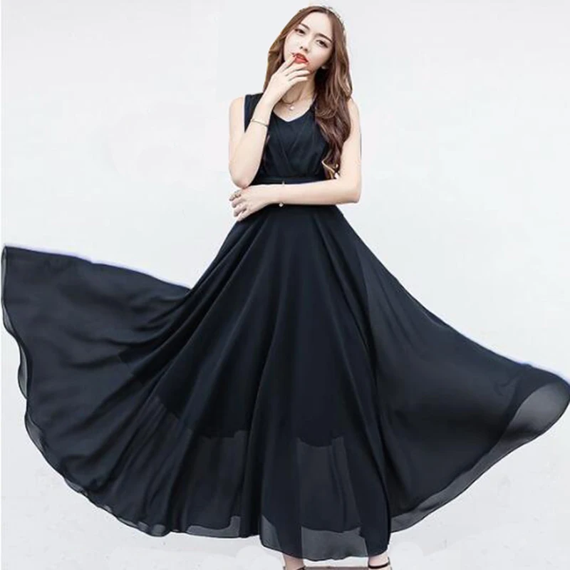 

2018 women chiffon Summer Dresses Fashion Sleeveless White Beach Chiffon Long slim Dress vests V-neck big swing dress QH1361