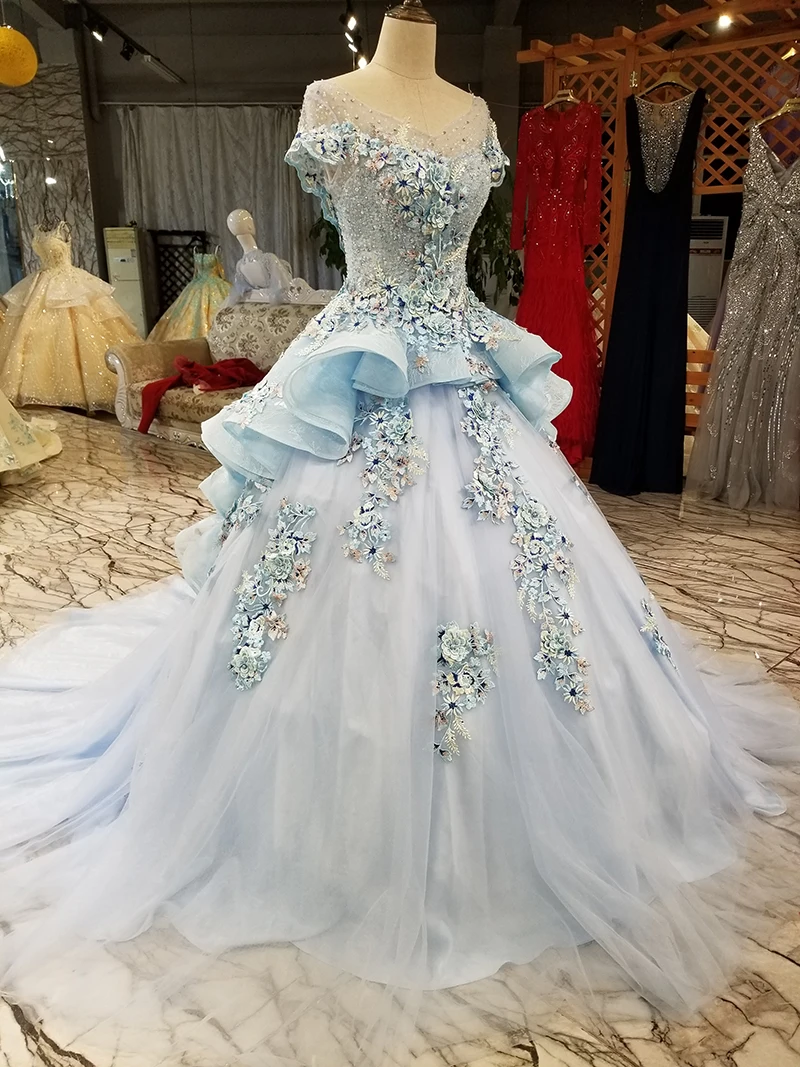 LS5580 Light Blue With Beautiful Embroidery And Sequins Pageant Evening dress 2020 O-Neck Cap Sleeves Cheaper sukienki | Свадьбы и
