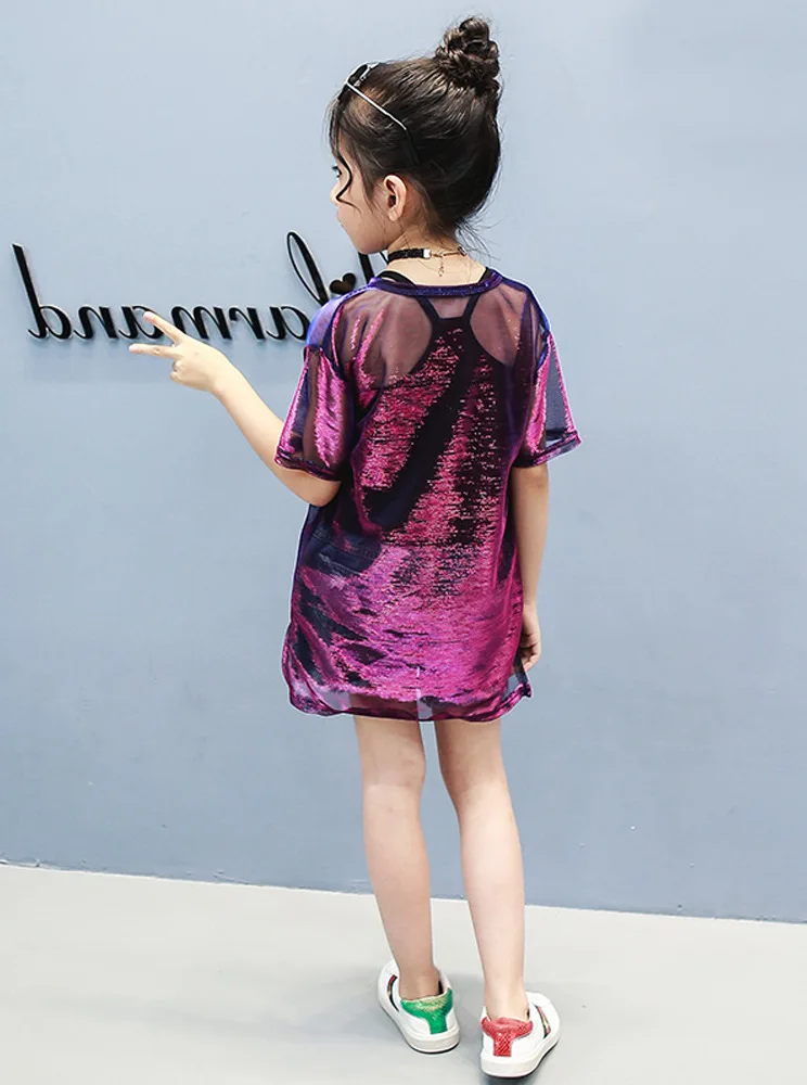 Детская футболка с блестками для девочек-подростков лето 2019 коротким рукавом