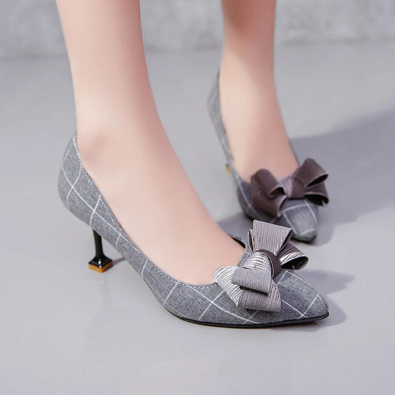Сезон весна осень женские туфли лодочки на тонком каблуке модельные с бантом