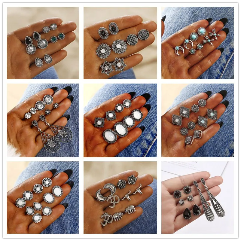 Набор женских сережек гвоздиков в богемном стиле античные посеребренные