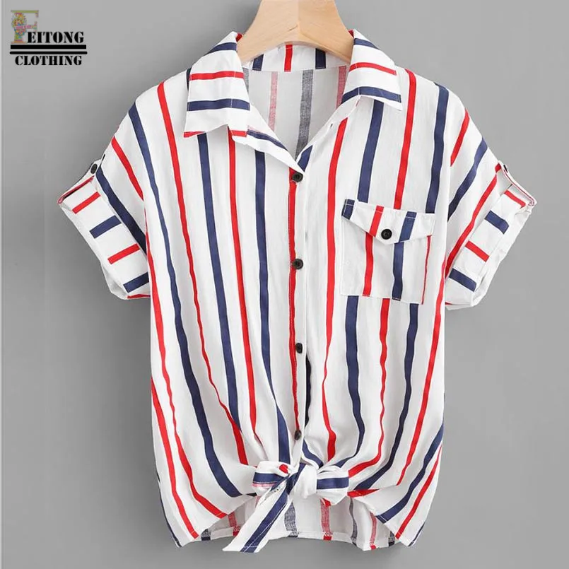 Blusas mujer de moda женская блузка на пуговицах с карманами в полоску с коротким рукавом женские топы и блузки женские кимоно