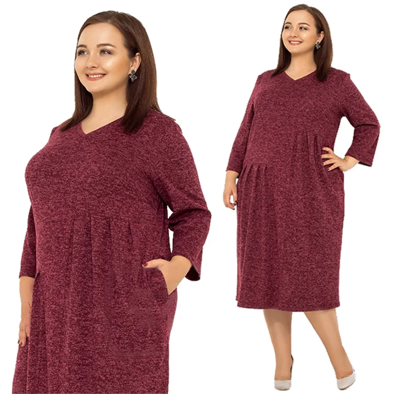 5XL 6XL осенне-зимнее платье размера плюс, офисное платье большого размера, одноцветное свободное Повседневное платье с карманами, Vestidos Roupas