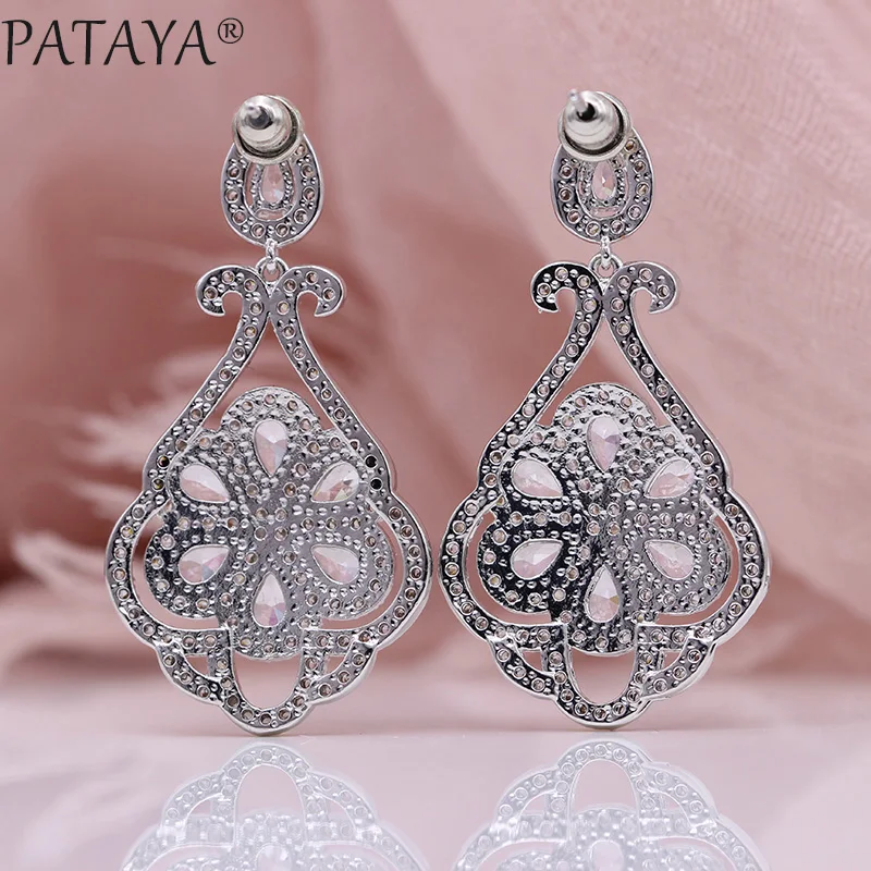 PATAYA, новые длинные серьги-гвоздики с лепестками, белое золото, микро воск, инкрустация, капля воды, натуральный циркон, женские свадебные Роскошные Изящные милые ювелирные изделия