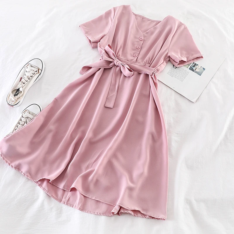 Женское однобортное платье с поясом летнее свободное ТРАПЕЦИЕВИДНОЕ ПЛАТЬЕ С