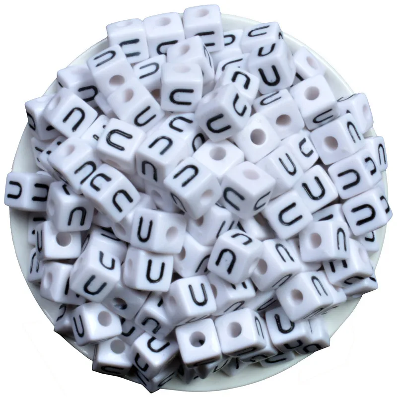 

50PCS/Lot 10*10MM Cube Acrylic Letter Beads White with Black Single Initial U Printing Plastic Square Alphabet Beads