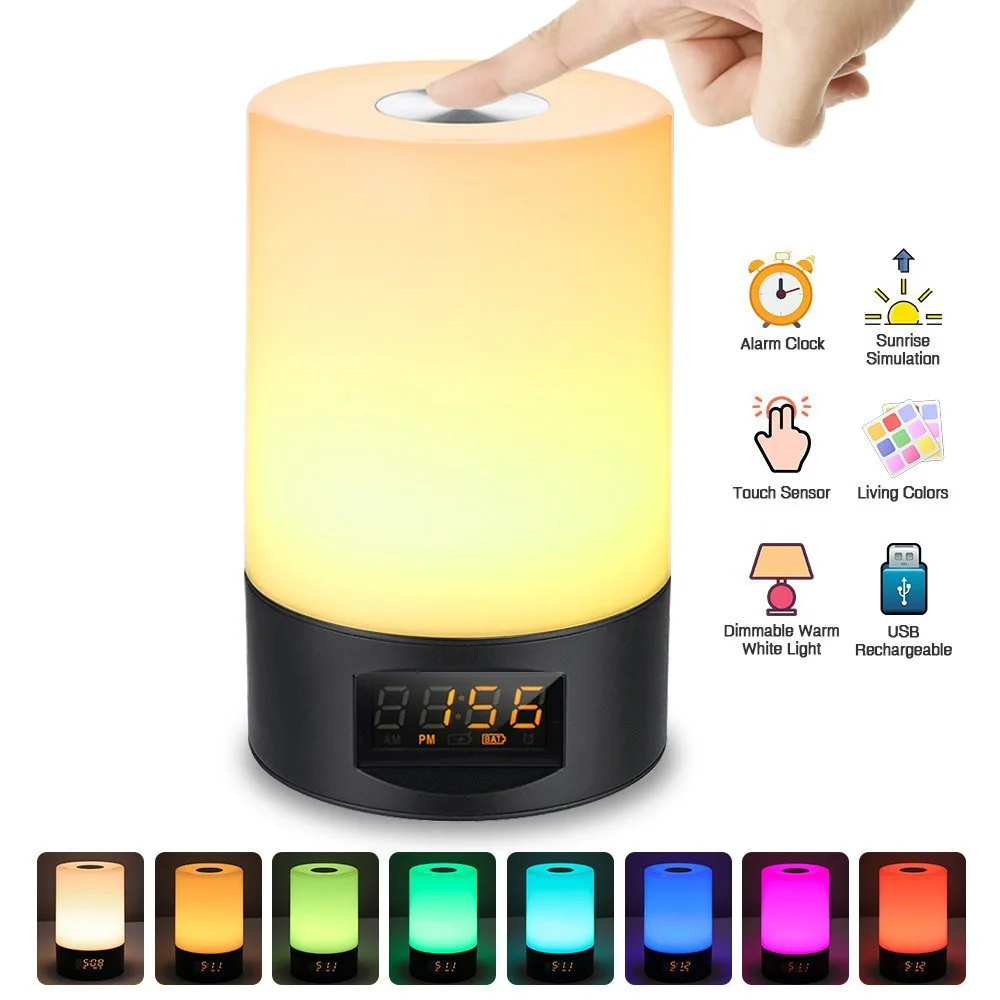 Jiawen, светильник для пробуждения, сенсорные часы, светодиодный RGB прикроватный светильник, светодиодный Ночной светильник, 3 белых режима, домашняя лампа для чтения