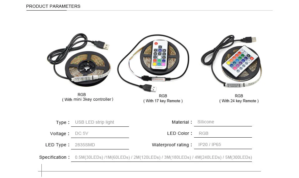2835 RGB Светодиодная лента Водонепроницаемая DC 5 В USB светодиодный светильник лента гибкая лента 50 см 1 м 2 м 3 м 4 м 5 м с пультом дистанционного управления для ПК ТВ ПОДСВЕТКА