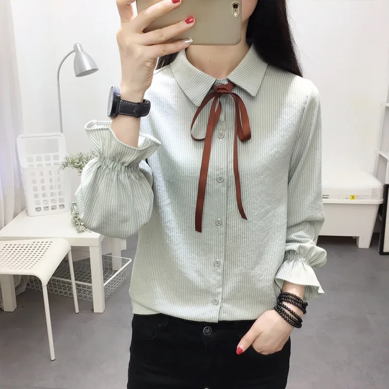 Женская офисная блузка в полоску Повседневная Свободная с длинным рукавом и