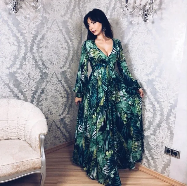 Vestidos, макси платье, винтажное пляжное платье с длинным рукавом, Тропическое, плюс размер, бохо, v-образный вырез, платье, пояс, шнуровка, туника, зеленое платье с принтом