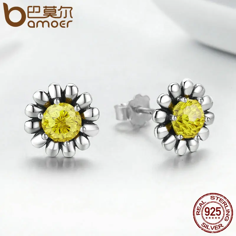 BAMOER, натуральная 925 пробы, серебро, желтая Маргаритка цветок, прозрачный CZ, серьги-гвоздики для женщин, хорошее серебряное ювелирное изделие, подарок SCE255