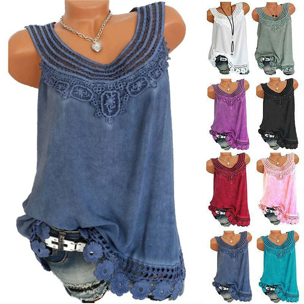 

Summer Women Lace Loose Sleeveless Vest T Shirt Blouse Plus Size Tank Top Pullovers Shirt fashion Solid color women's vest