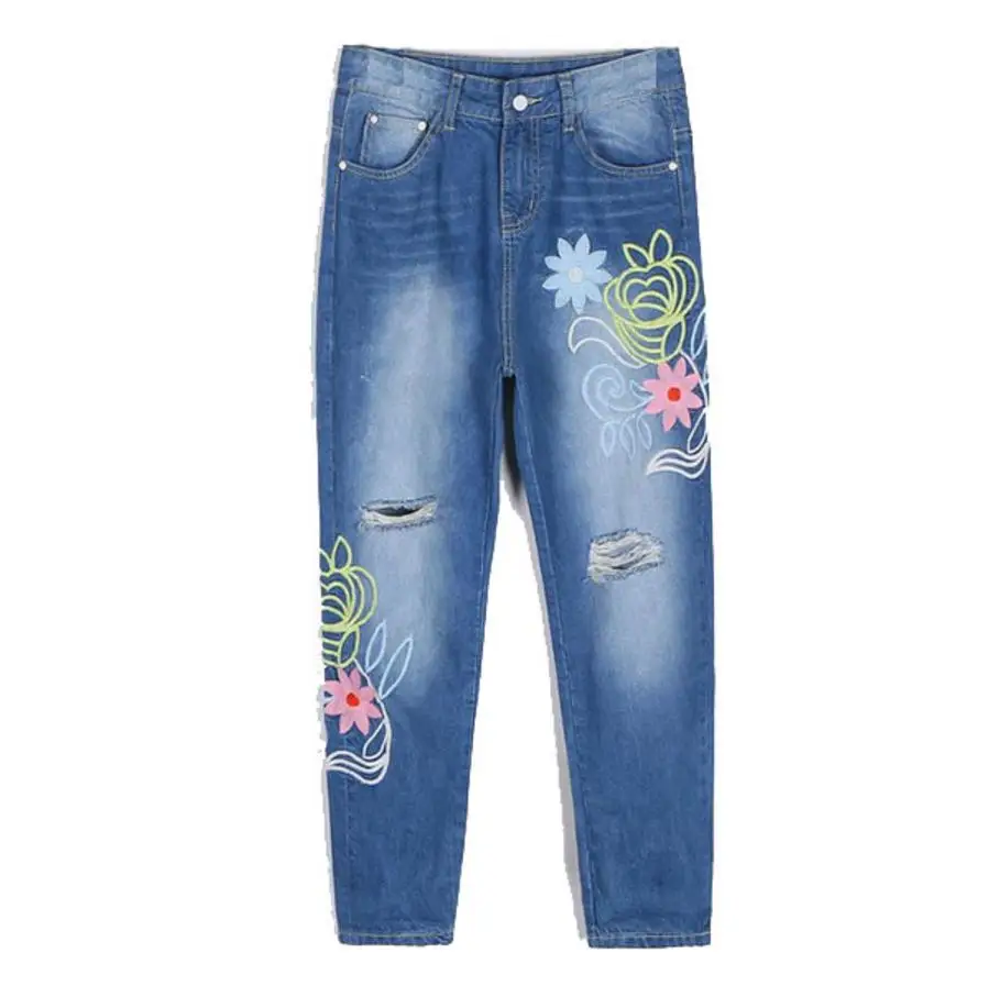 Женские хлопковые джинсы с цветочной вышивкой рваные размера плюс 6XL вес 200