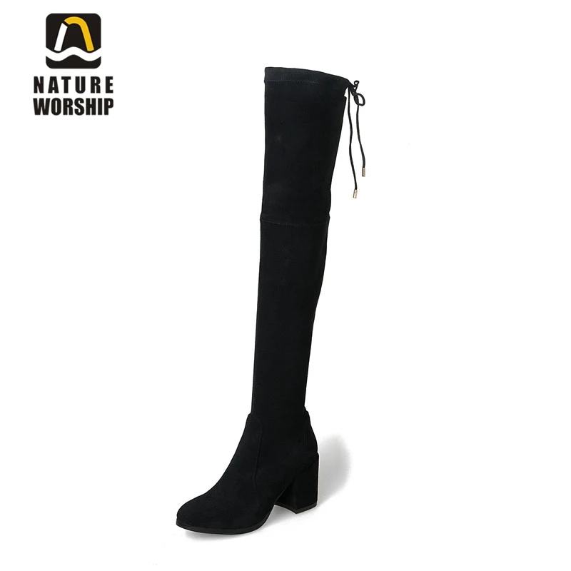 

Nature Worship New Fashion Genuine Leather Shoes Over Knee Boots Elegant Shoes High Square Heels Women Winter Boots Big Size42