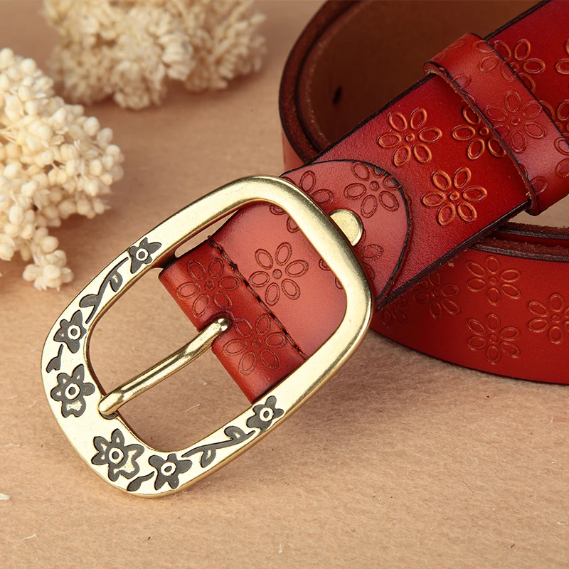 2021 New Hot Sale Belt European Women Fashion Vintage Print Casual Genuine Leather Cowskin Wide Waist Belt For Pants