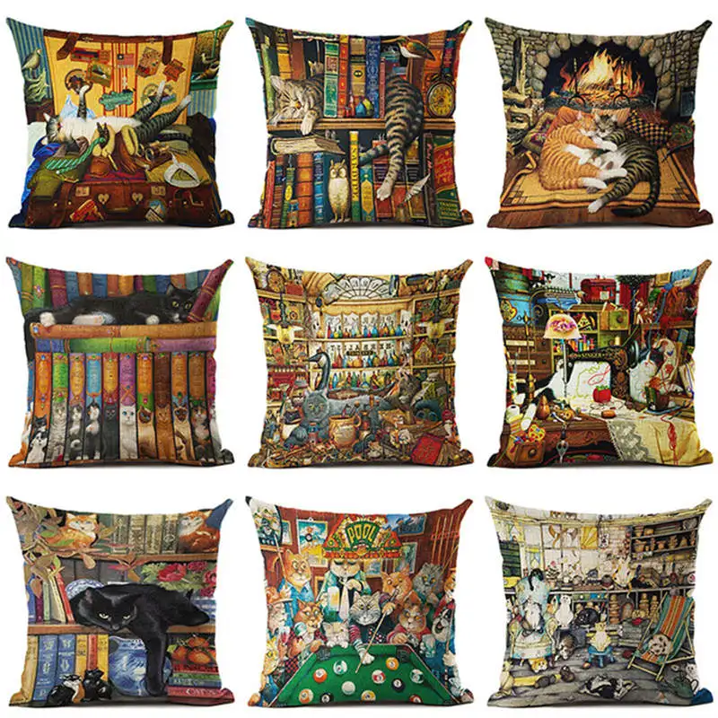 Leuke Kat Patroon Gedrukt Katoen Polyester Kussensloop Decoratieve Kussen Kussens Gebruik Voor Thuis Sofa Auto Kantoor Almofadas | Дом и сад