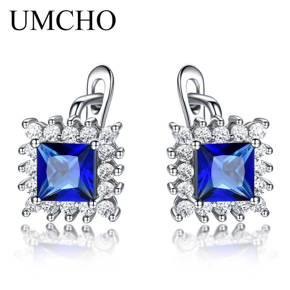 UMCHO Real 925 Sterling Silver Jewelry Square Rich Color Nano Sapphire Clip Earrings For Women Gemstone Luxury Bride Gifts New | Украшения