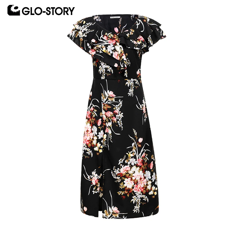 Женское платье с высокой талией GLO STORY облегающее цветочным принтом и рюшами