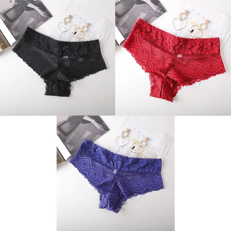 black red blue 3 шт., женские трусики, сексуальное кружевное нижнее белье с низкой талией, Женские Дышащие прозрачные брендовые качественные новые женские трусики BANNIROU - Цвет: black red blue