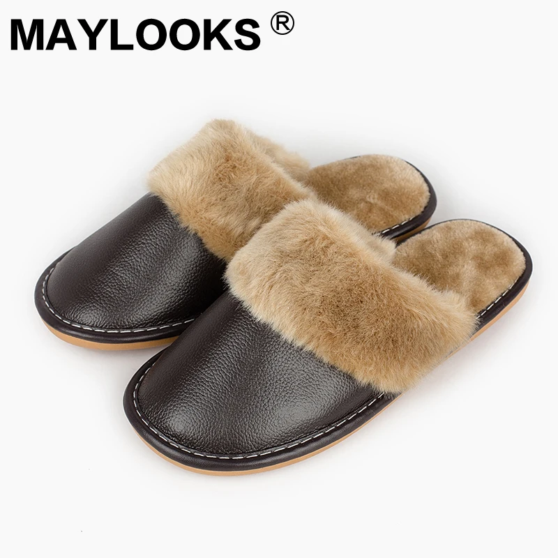 Мужские тапочки зимние теплые плюшевые домашние из натуральной кожи