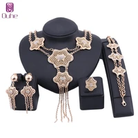 exquisite dubai gold color jewelry set nigerian woman accessories wedding tassel crystal necklace earring ring jewelry set