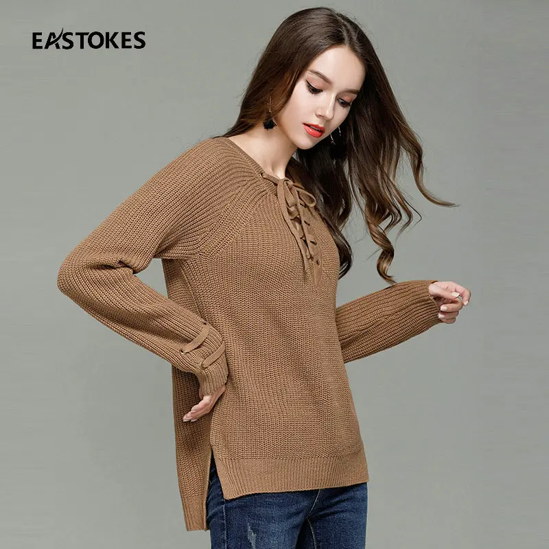 Модный женский зимний свитер со шнуровкой спереди женские вязаные пуловеры