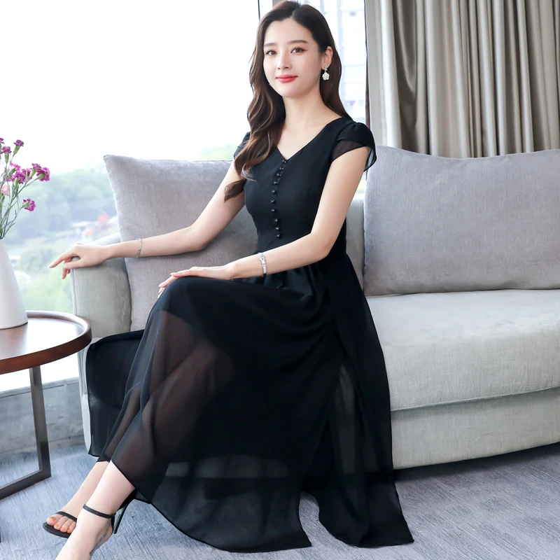 Женское шифоновое длинное платье размера плюс однотонное элегантное с круглым