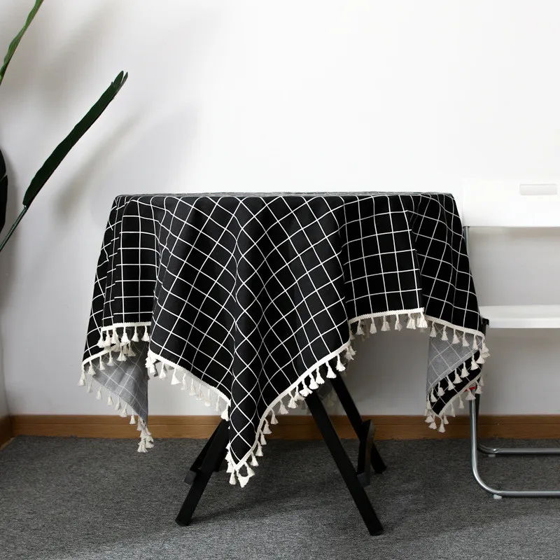 

Japan Style Modern Plaid Table Cloth Tassel Linen Cotton Rectangle Tablecloth Dustproof Table Covers Home Decor