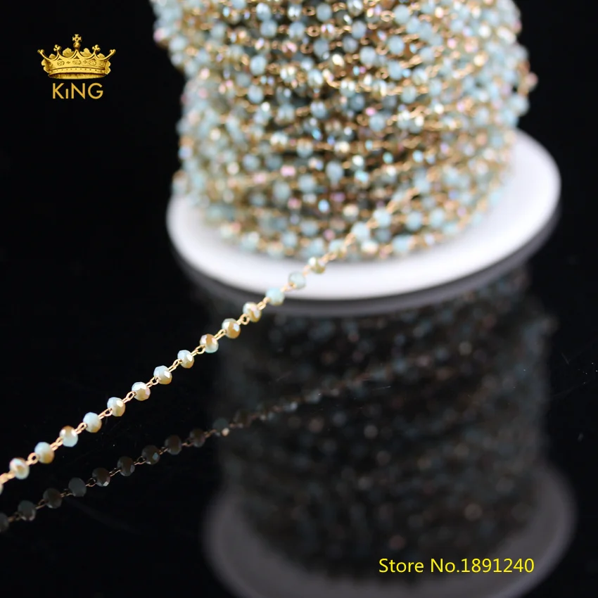 

5meters Rosary Style Glass Chains Findings,2x3mm Tiny Brown Sky Blue Titanium AB Glass Faceted Rondelle Loose Beads Chains HX192