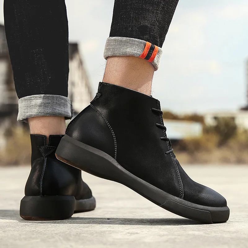 

AKZ 2018 New Arrival Men's Ankle Boots Winter Warm Snow boots Genuine Leather Male Work boots Round toe Outdoor shoes Man Flats