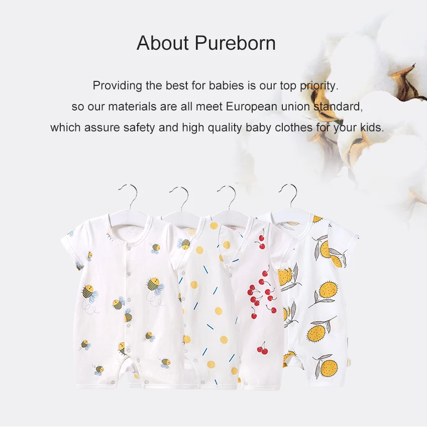 Pureborn Летняя Одежда для девочек; детские комбинезоны; Костюмы новорожденных и мультипликационным принтом «Изделие из хлопка с короткими рукавами для мальчиков, комбинезон, костюм