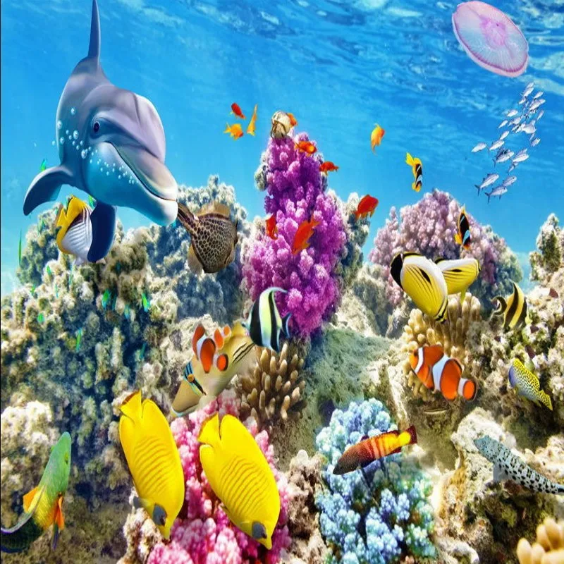 

Free Shipping HD 3d stereo coral reef tropical fish bathroom bedroom floor self-adhesive living room office flooring mural