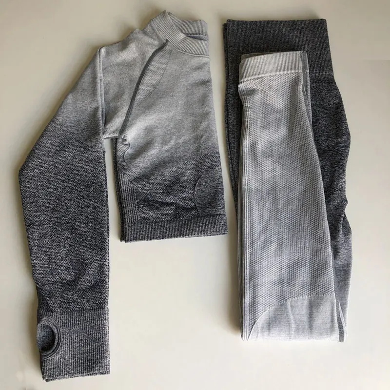Gray and white Ombre бесшовные Женский комплект 2 шт. спортивный костюм тренажерный зал тренировки одежда с длинными рукавами фитнес укороченный топ и Scrunch прикладом Леггинсы для йоги комплект - Цвет: Gray and white