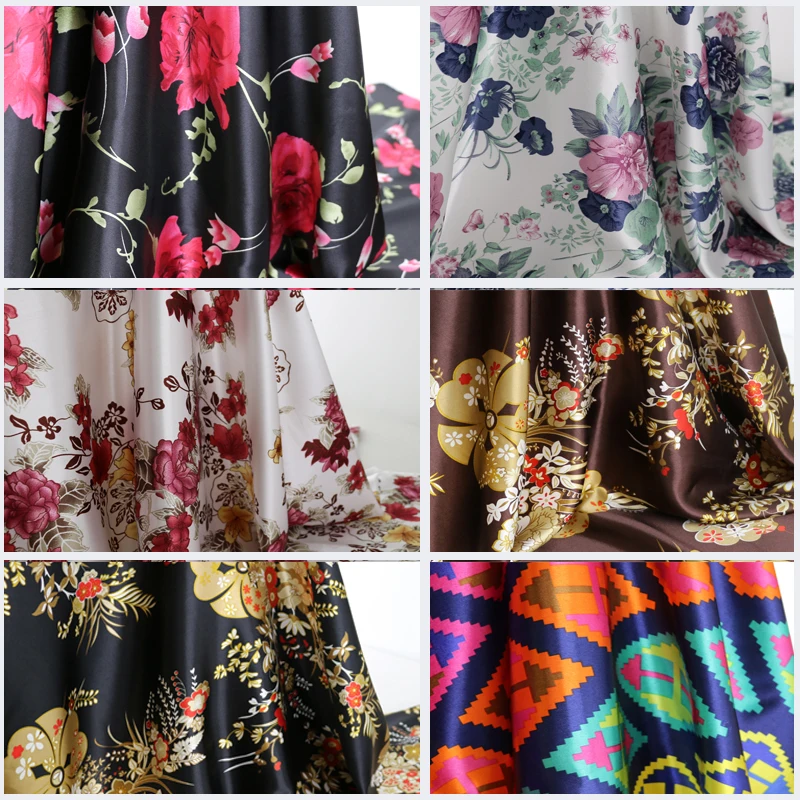 

1 meter X 1.48 meter flowers satin print cloth soft polyester charmeuse vintage fabric