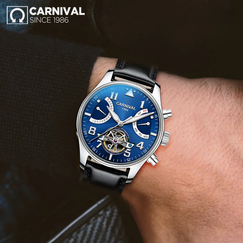 Мужские модные автоматические механические часы водонепроницаемые Tourbillon Carnival