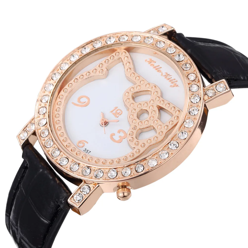 Новый дизайн Кристальные часы Hello Kitty женские модные повседневные с кожаным