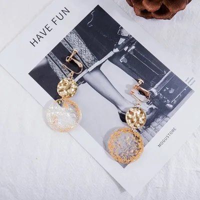 Clip Earring SUKI милые золотые блестящая Смола Круглые серьги-клипсы Уксусные серьги кислотного цвета золотые блестки акриловые серьги - Окраска металла: Clip Earring